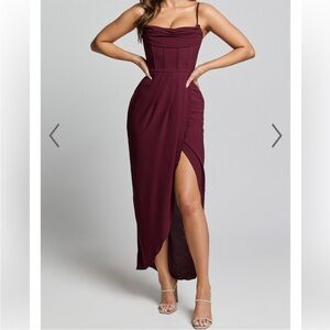 Showpo Andrina Midi Dress - High Low Wrap Corset Dress in Wine